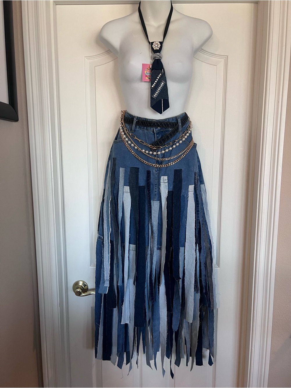 Boho Denim Fringe strip Maxi Skirt - Blue